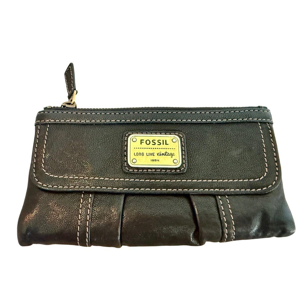 Fossil Long Live Vintage Black Leather Bifold Clutch Wallet Black Brown Zippered